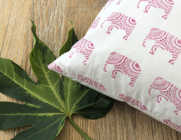 Indian Block Print Pillow Cover | PINK ELEPHANT 12x20